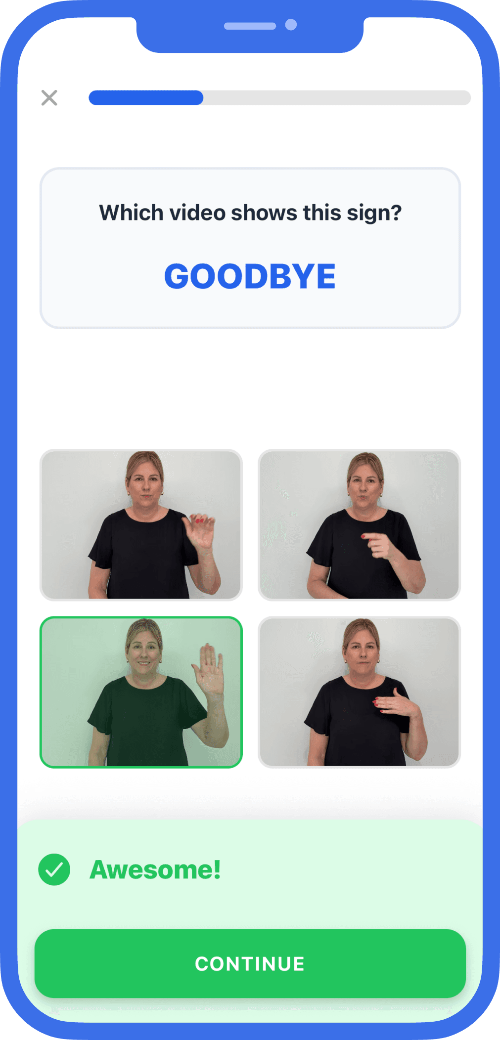 Auslearn video-choice quiz showing immediate feedback after a correct answer