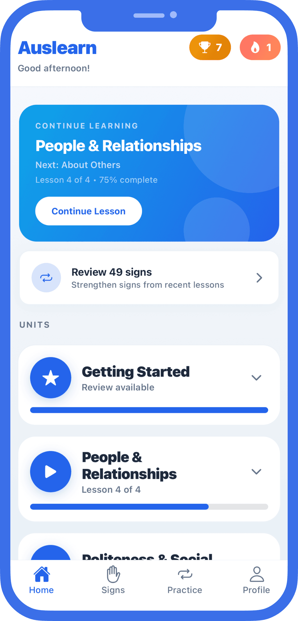 Auslearn home screen showing structured lessons, reviews, streaks and learning progress